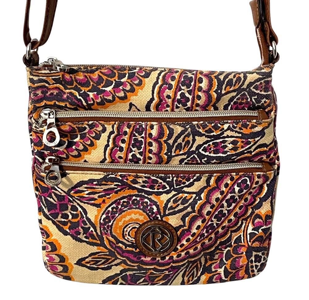 Relic by Fossil Triple Zip Bag Womens Purple & Gold Paisley Boho Crossbody